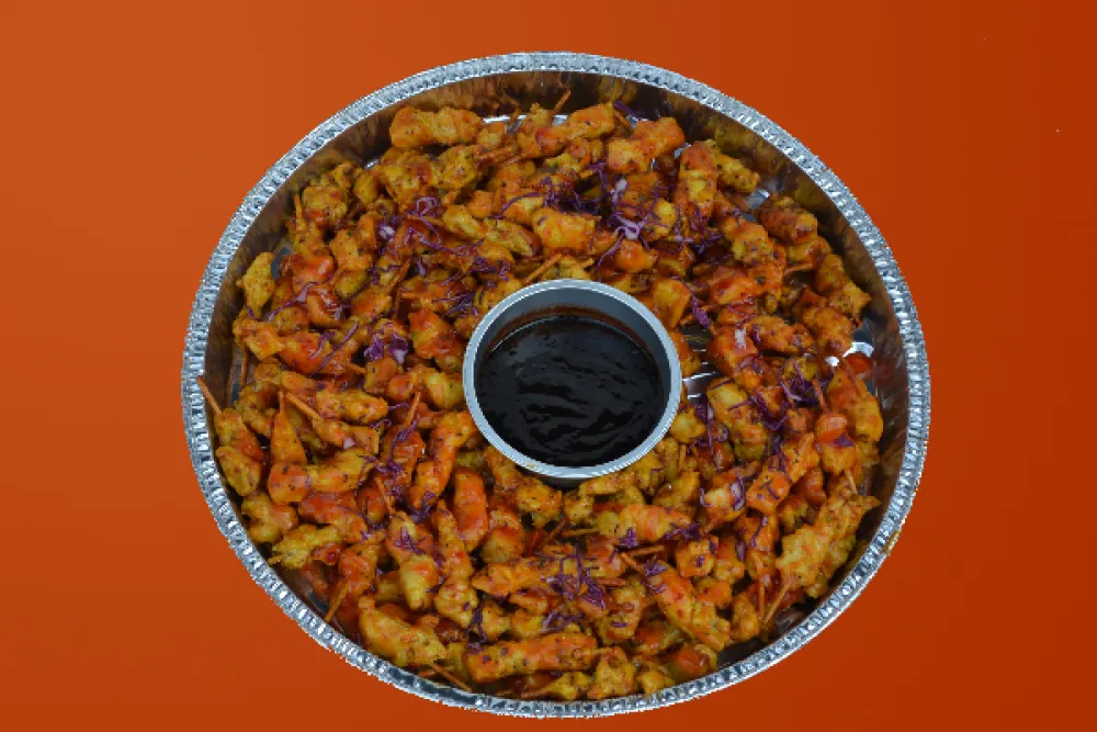 Ovenschaal gevuld met kip sate - ca. 100 stuks